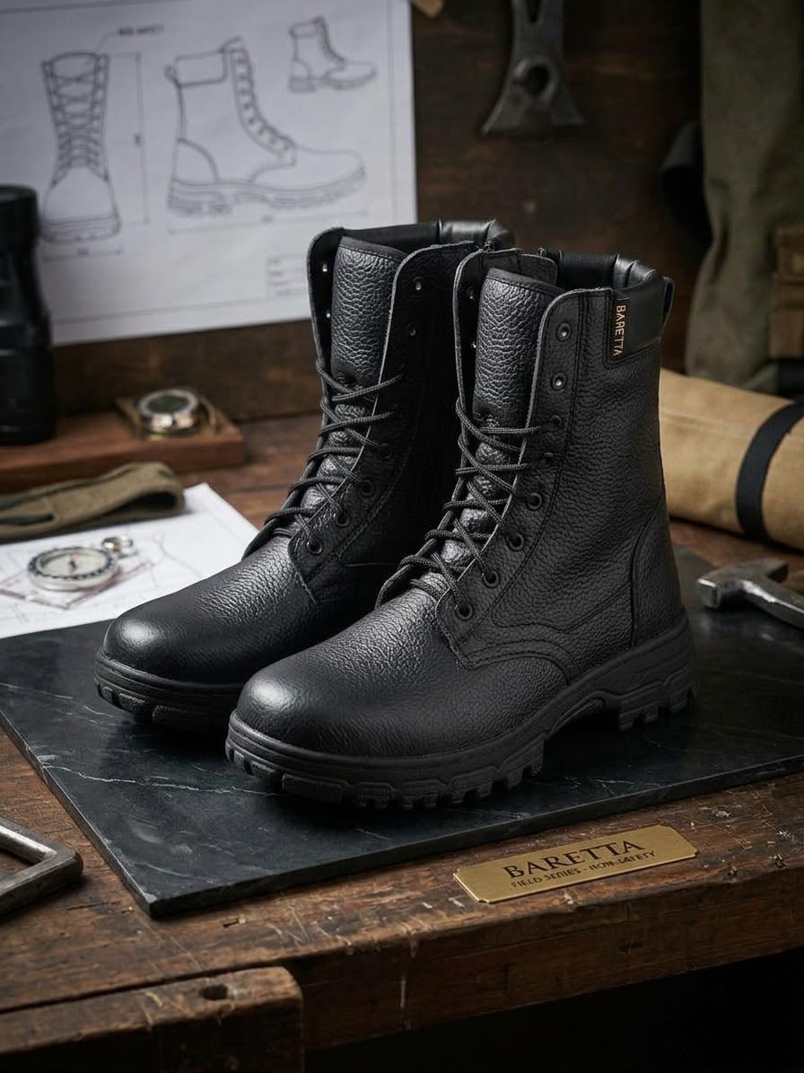 Sepatu PDL Non Safety, Upper Kulit Jeruk SNI, Outsole Rubber, Zipper.